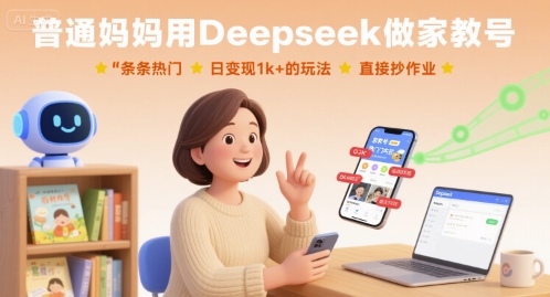 普通妈妈用Deepseek做家教号，条条热门，日变现1k+的玩法，直接抄作业-51网创资源