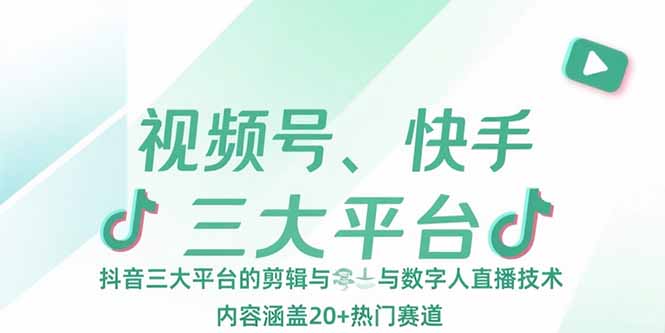 视频号、快手、抖音三大平台的剪辑与数字人直播技术，内容涵盖20+热门赛道-51网创资源