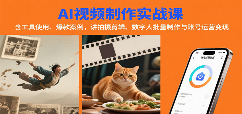 AI视频制作实战：含工具使用、爆款案例，讲拍摄剪辑、数字人批量制作与账号运营变现-51网创资源