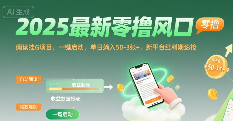 2025最新零撸风口，阅读挂G项目，一键启动，单日躺入 50-3张+，新平台红利期速抢【揭秘】-51网创资源