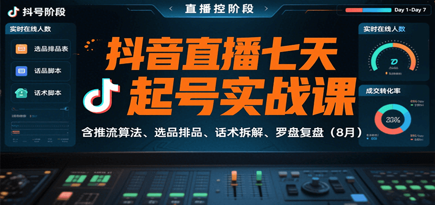 抖音直播七天起号实战课：含推流算法、选品排品、话术拆解、罗盘复盘(8月)-51网创资源