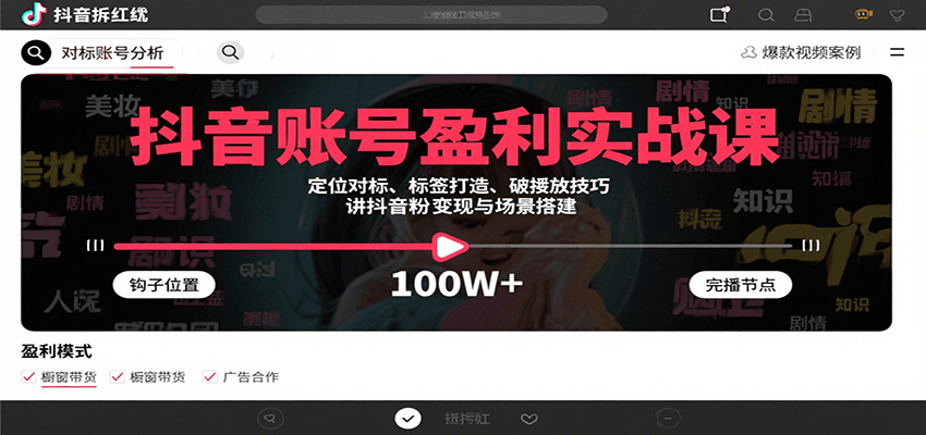 抖音账号盈利实战课，定位对标、标签打造、破播放技巧，讲涨粉变现与场景搭建-51网创资源