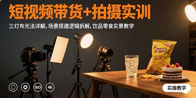 短视频带货+拍摄实训：三灯布光法详解,场景搭建逻辑拆解,饮品零食实景教学-51网创资源