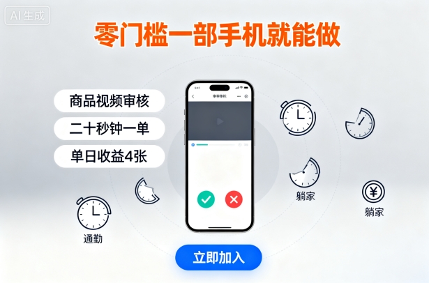 零门槛一部手机就能做，商品视频审核，通勤躺家碎片时间都能做，二十秒钟一单，单日收益4张【揭秘】-51网创资源