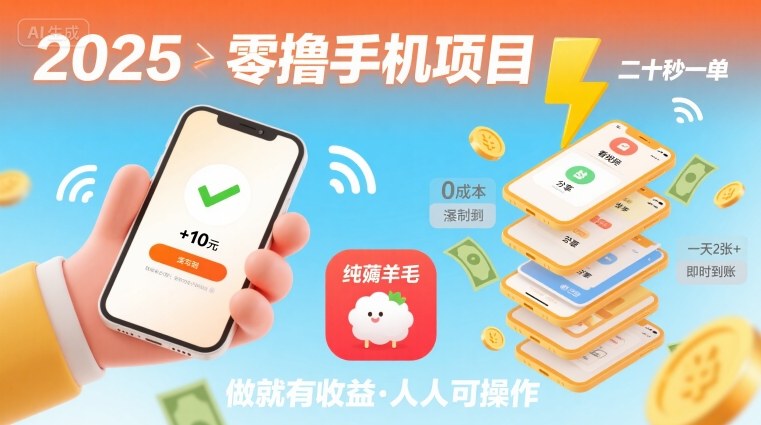 2025年零撸手机项目,二十秒一单,纯薅羊毛 一天2张+做就有-51网创资源