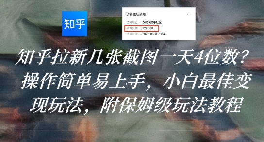 知乎拉新几张截图一天4位数？操作简单易上手，小白最佳变现玩法，附保姆级玩法教程-51网创资源