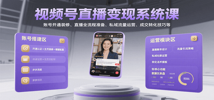 视频号直播变现系统课，账号开通装修、直播全流程准备、私域流量运营、成交转化技巧等-51网创资源