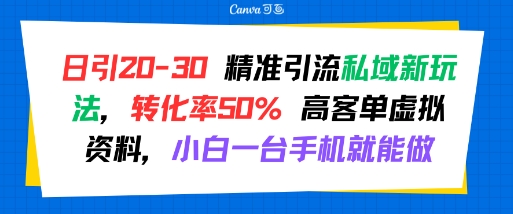 日引 20-30 精准引流私域新玩法，转化率50% 高客单虚拟资料，小白一台手机就能做-51网创资源
