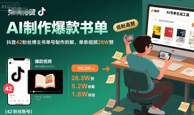 AI制作爆款书单，抖音42粉丝博主书单号制作拆解，单条视频28W赞-51网创资源
