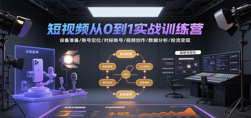 短视频从0到1实战训练营：设备准备/账号定位/对标账号/视频创作/数据分析/投流变现-51网创资源