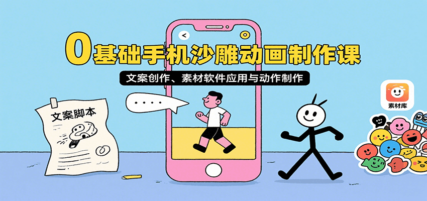 0基础手机沙雕动画制作课，文案创作、素材软件应用与动作制作-51网创资源