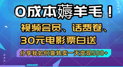 0成本薅羊毛!视频会员、话费卷、30元电影票白送，分享我如何靠转卖一天变现5张+【揭秘】-51网创资源