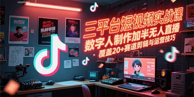 三平台短视频实战课，数字人制作加半无人直播，覆盖20+赛道剪辑与运营技巧-51网创资源