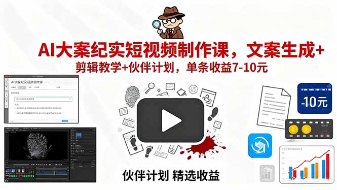 AI大案纪实短视频制作课，文案生成+剪辑教学+伙伴计划，单条收益7-10元-51网创资源