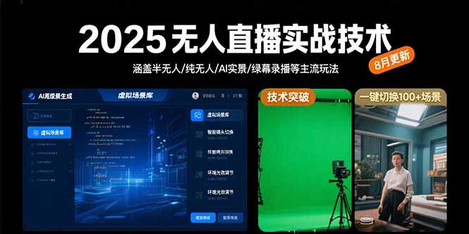 2025无人直播实战技术-8月，涵盖半无人/纯无人/AI实景/绿幕录播等主流玩法-51网创资源