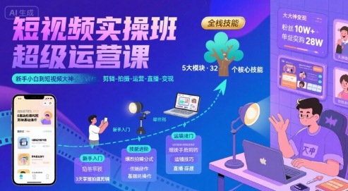 短视频实操班超级运营课，新手小白到短视频大神必修课程，剪辑-拍摄-运营-直播-变现-51网创资源