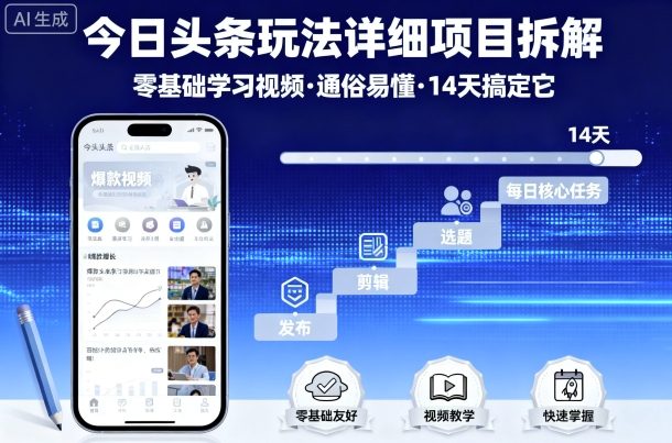 今日头条玩法详细项目拆解，零基础学习视频 通俗易懂 14天搞定它-51网创资源
