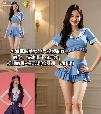 AI海军装美女跳舞视频制作教学，快速涨千粉万粉，视频教程+提示词(绘图词、动作词)-51网创资源